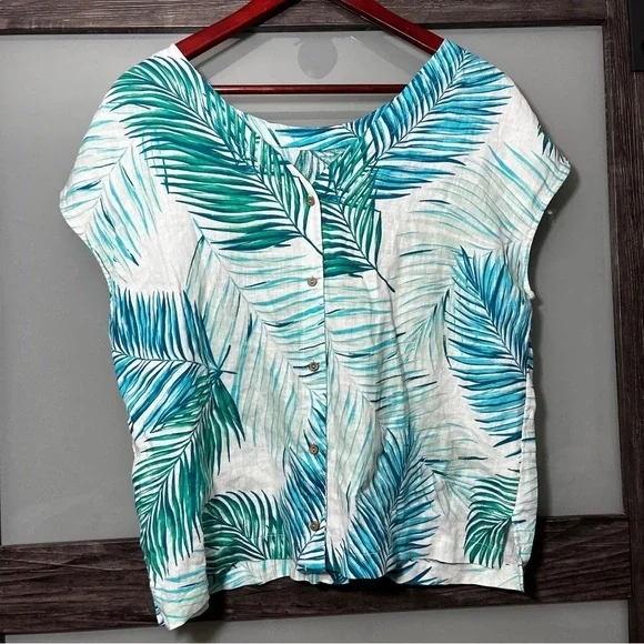 Tahari 100% Linen Boxy Blue and Green Leaf Print Blouse Button Up Back Women's L - Picture 2 of 7